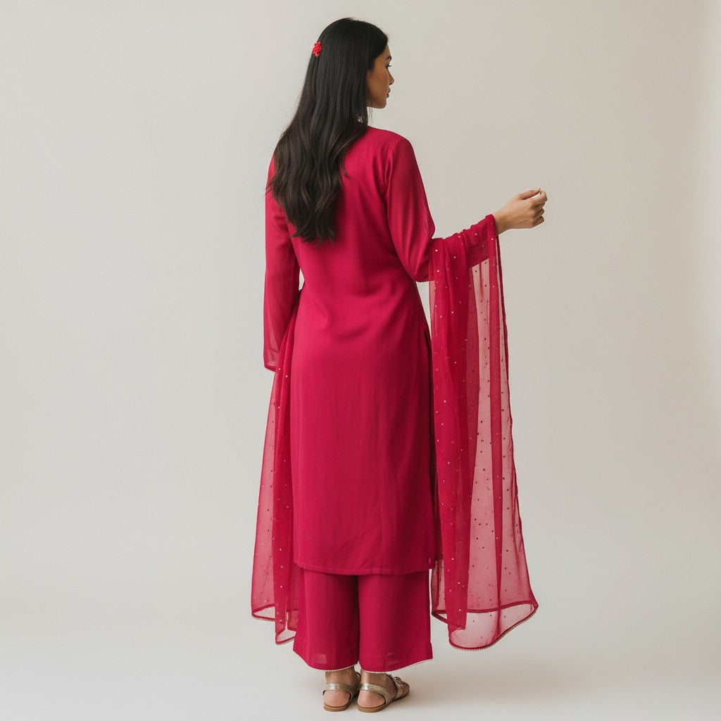 Pink Embroidered Satin Silk 3-Piece Kurta Set