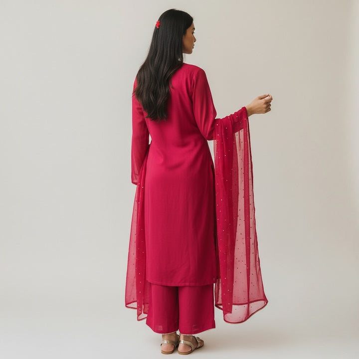 Pink Embroidered Satin Silk 3-Piece Kurta Set