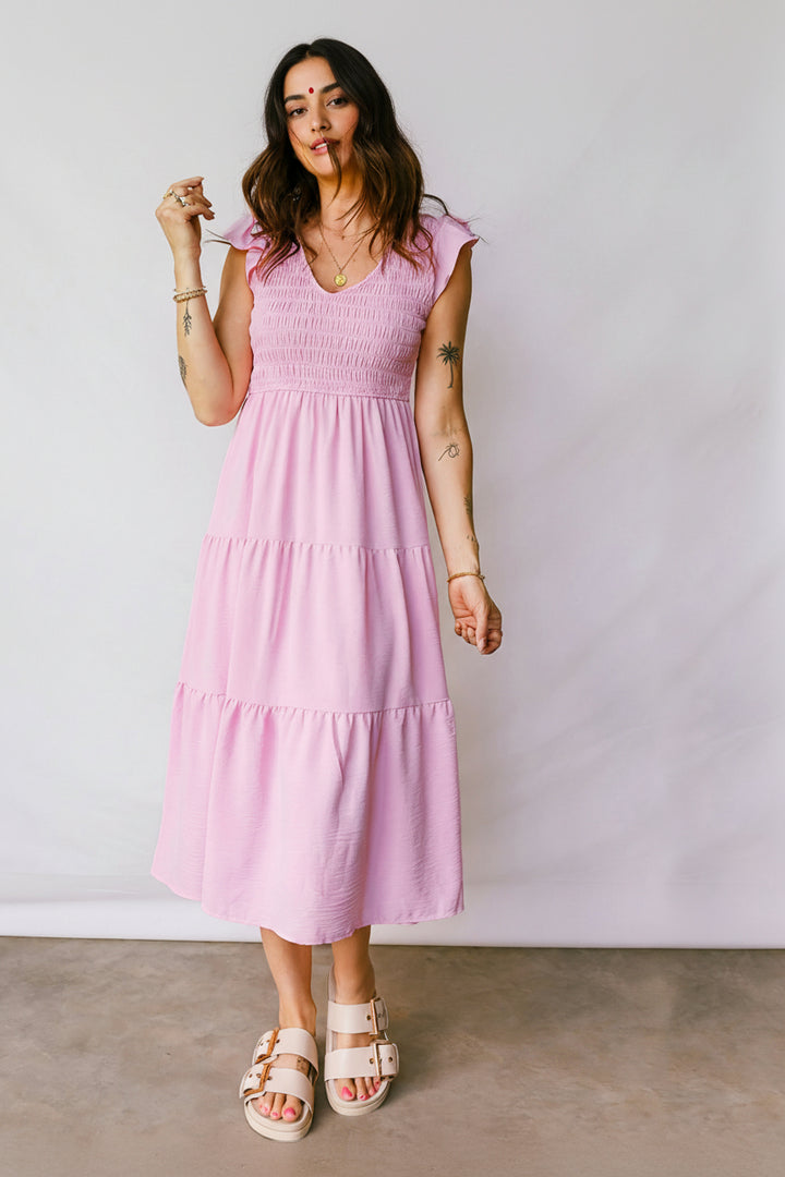 Pink Smocked Bodice Flutter Sleeve Fit Flare Tiered Midi Dress
