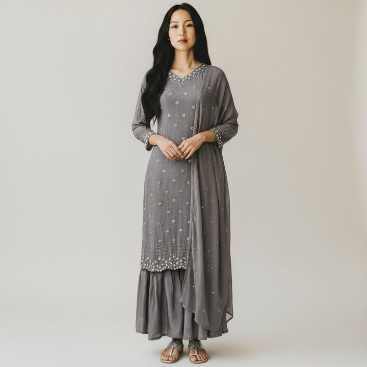 Gray Satin Silk Handwork Embroidery Palazo 3-Piece Kurta Set