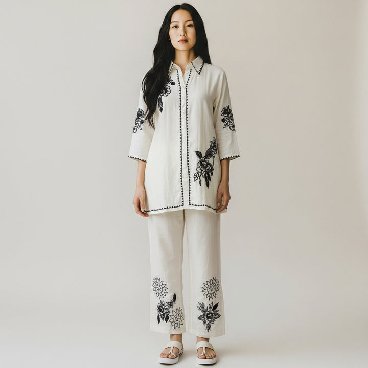 Ivory Embroidered Kurta &amp; Wide-Leg Pants Set