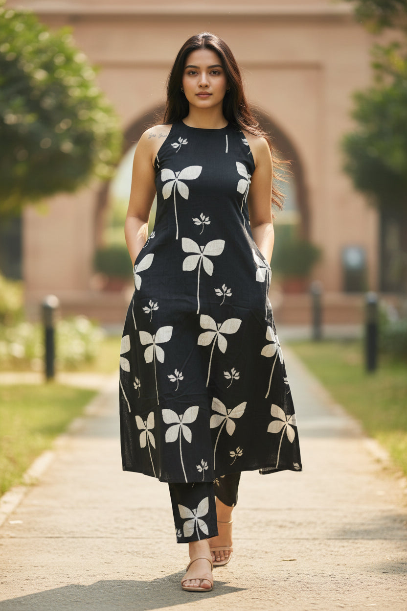 Black Floral Printed Sleeveless Kurta Set with Palazzo Pants