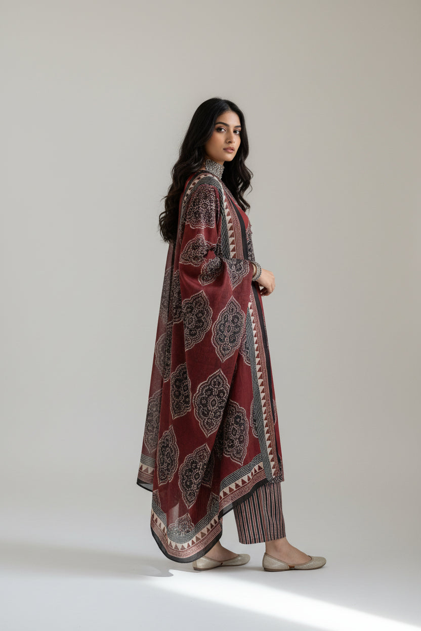 Maroon Ethnic Printed Kurta Set with Matching Dupatta