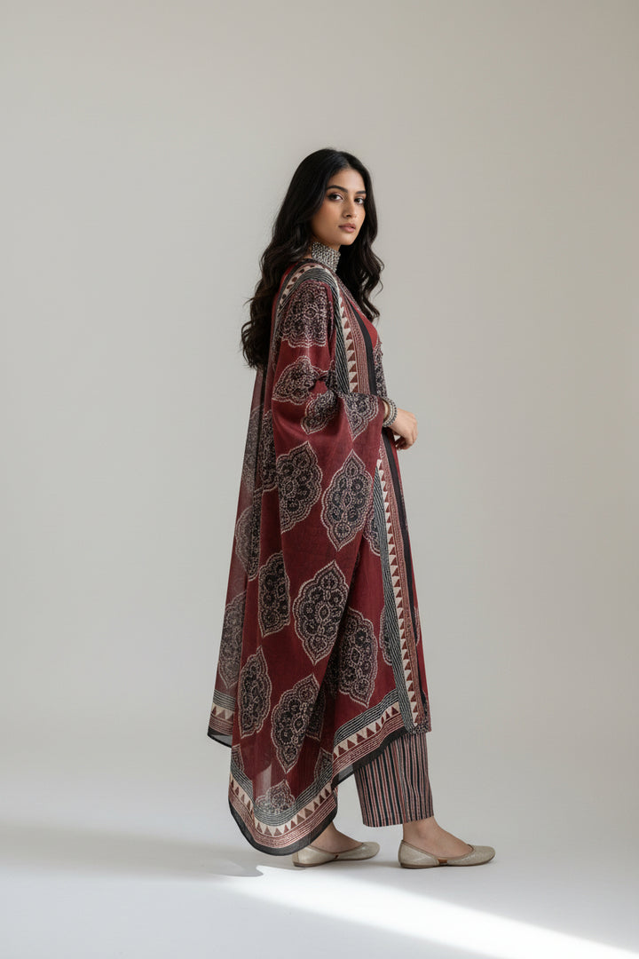 Maroon Ethnic Printed Kurta Set with Matching Dupatta