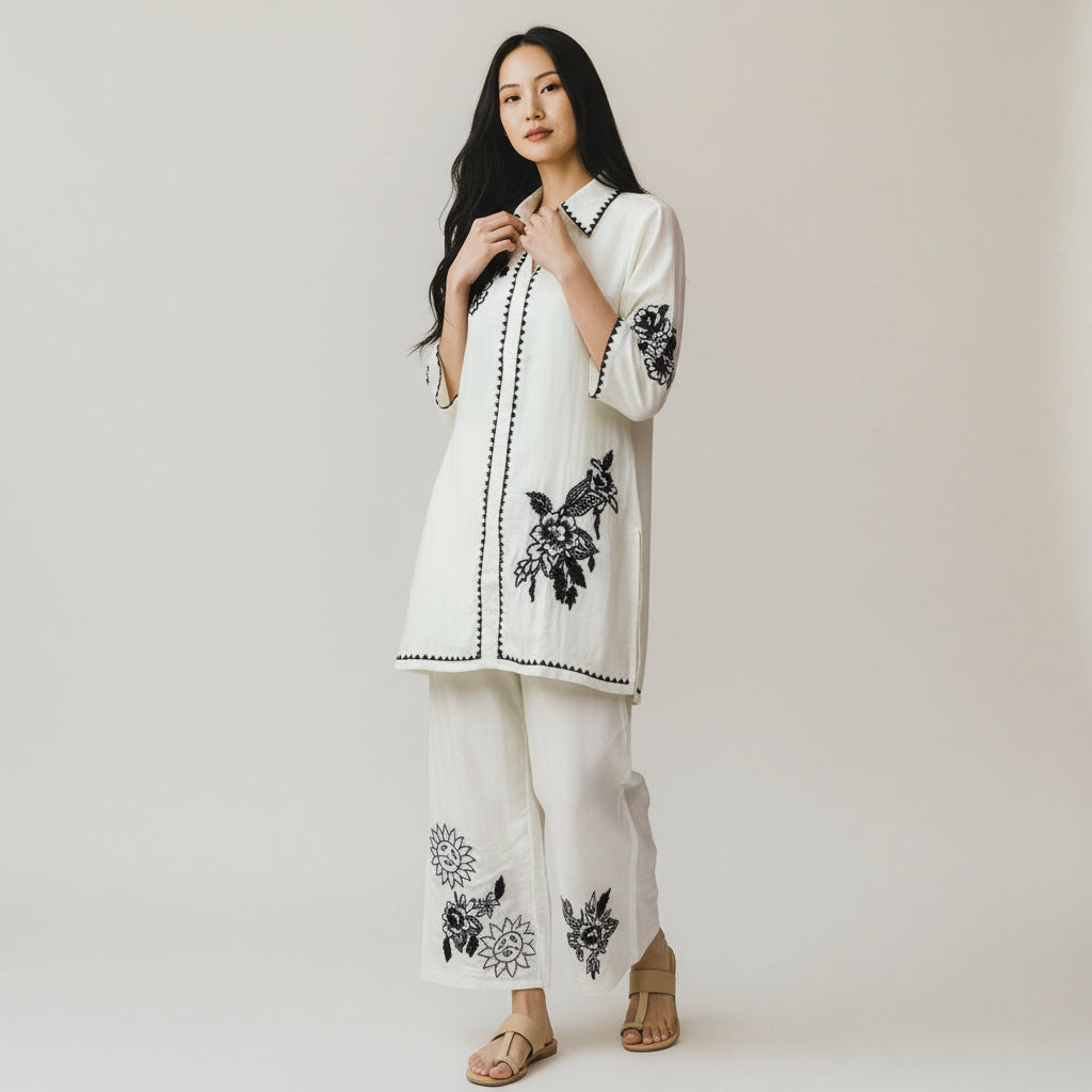 Ivory Embroidered Kurta &amp; Wide-Leg Pants Set