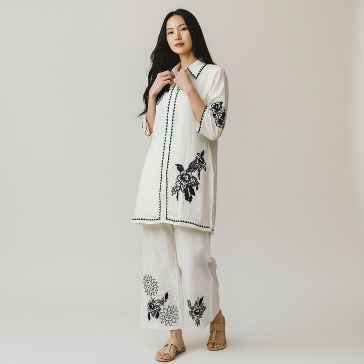 Ivory Embroidered Kurta &amp; Wide-Leg Pants Set