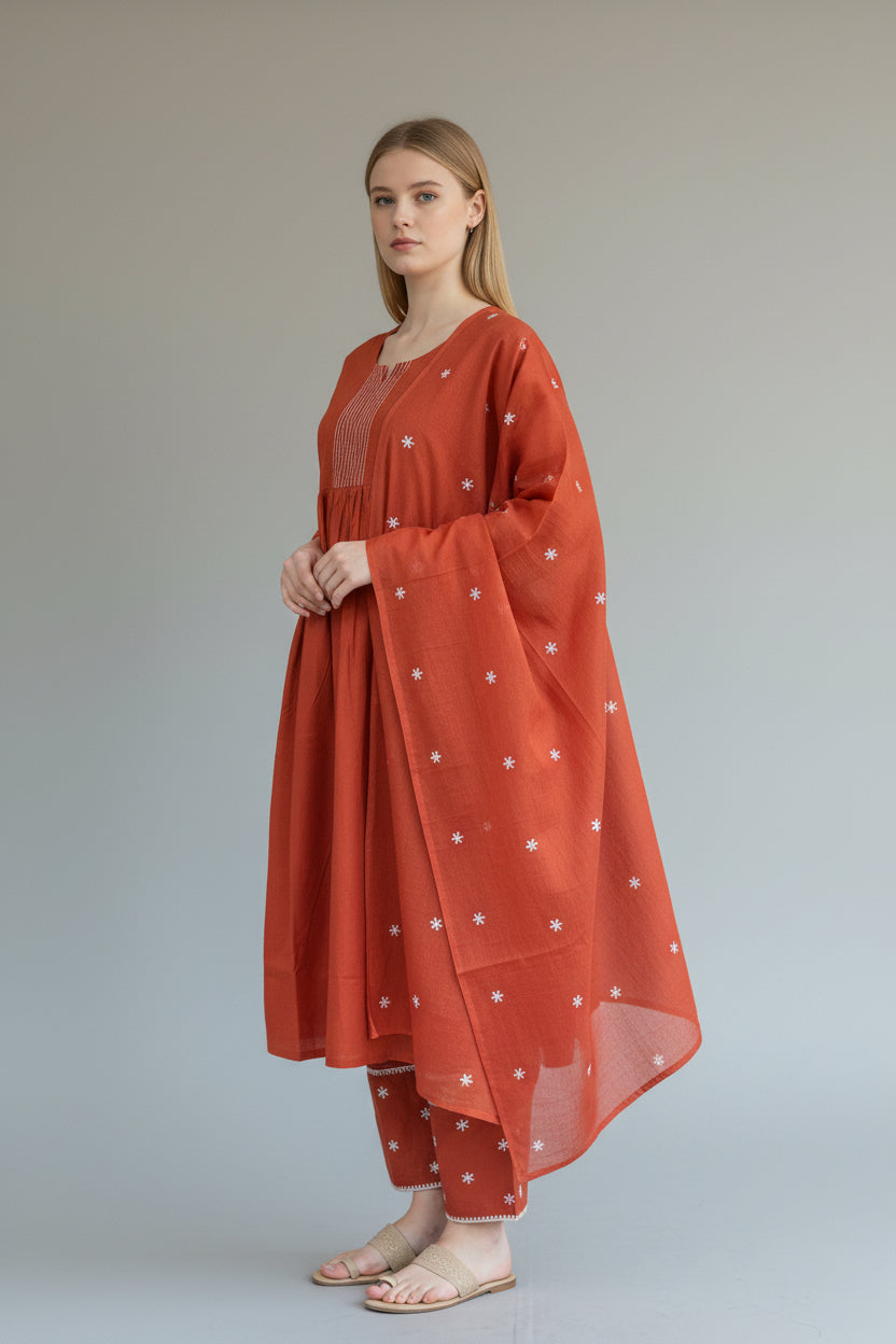A-Line Kurta Set with Printed Bottom &amp; Embroidered Dupatta