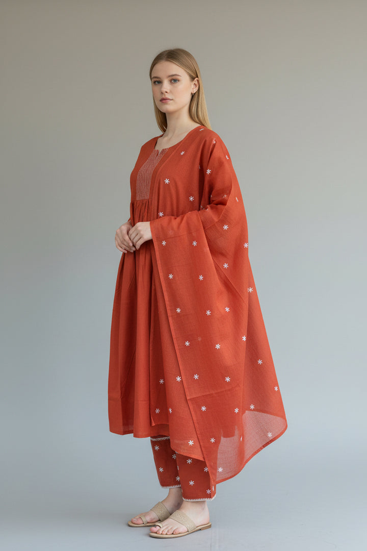 A-Line Kurta Set with Printed Bottom &amp; Embroidered Dupatta