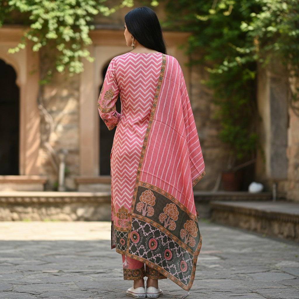 Rose Pink Printed Silk Kurta Set with Contrast Dupatta