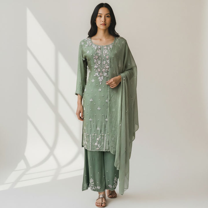 Green Satin Silk Embroidery Premium 3-Piece Kurta Set