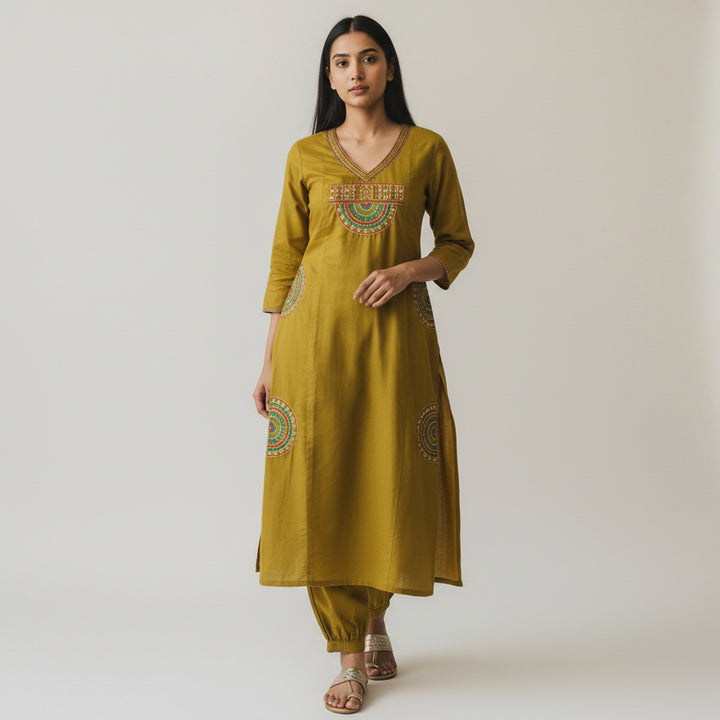 Mustard Embroidered Straight Kurta Set with Pants