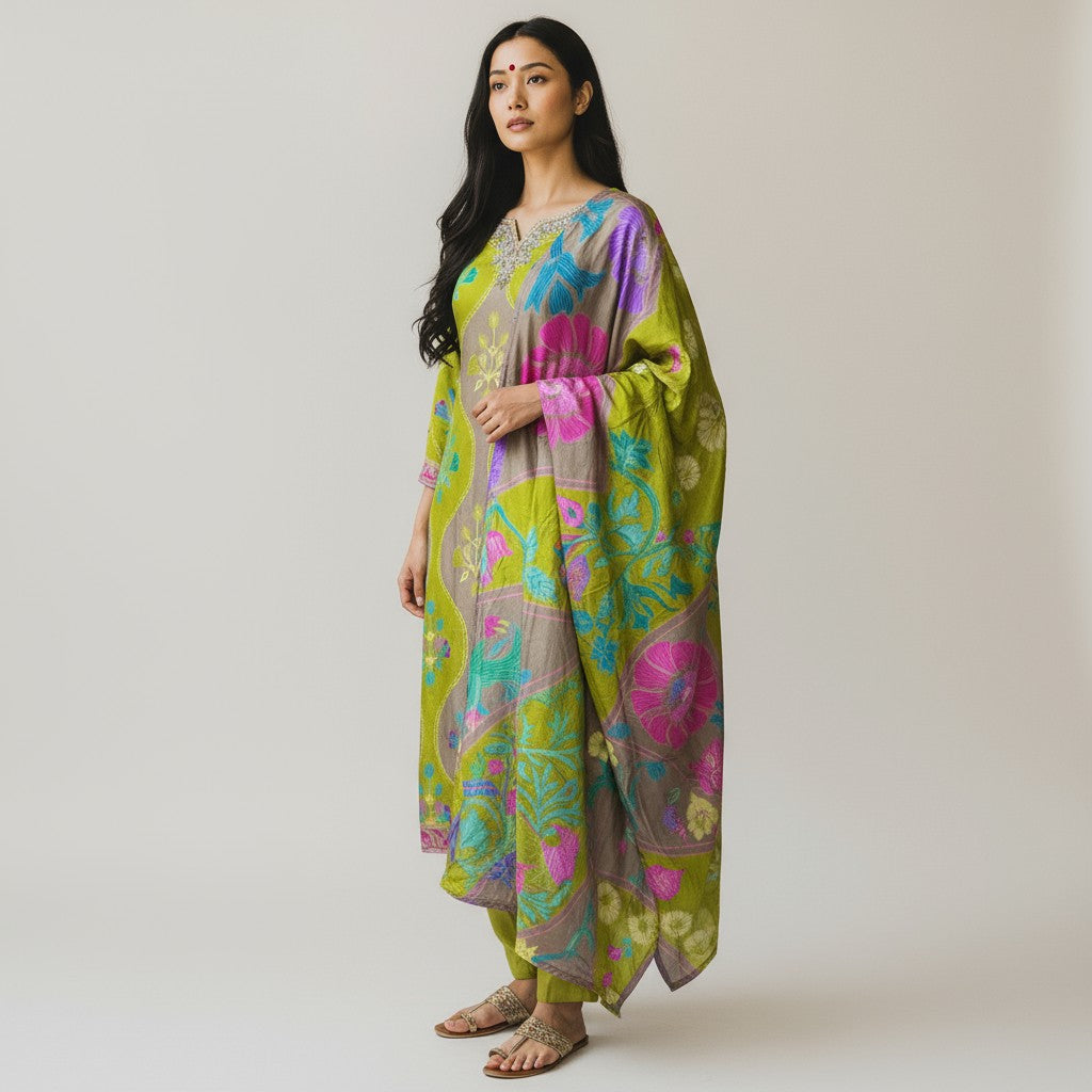 Green Pure Natural Crepe Digital Print Handwork Stitch Kurta Set