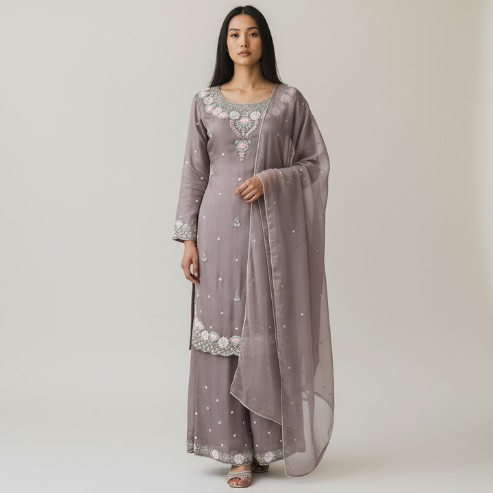 Gray with Light Pink Embroidery Premium Kurtha Set 3 Piece