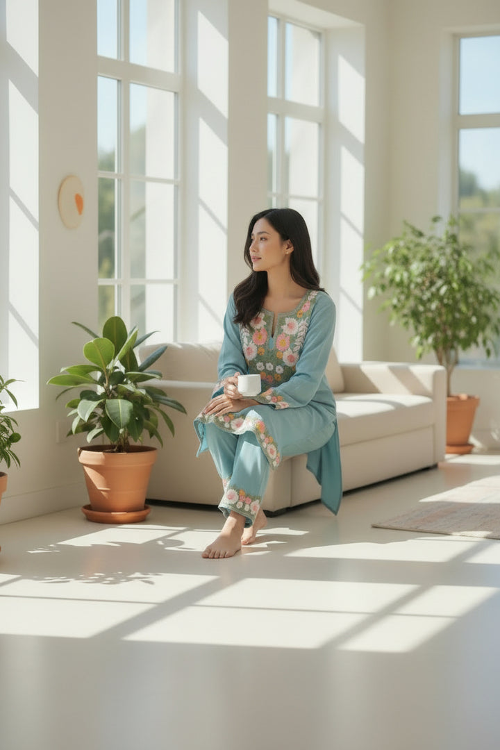Blue Embroidered Straight Kurta Set with Palazzo Pants