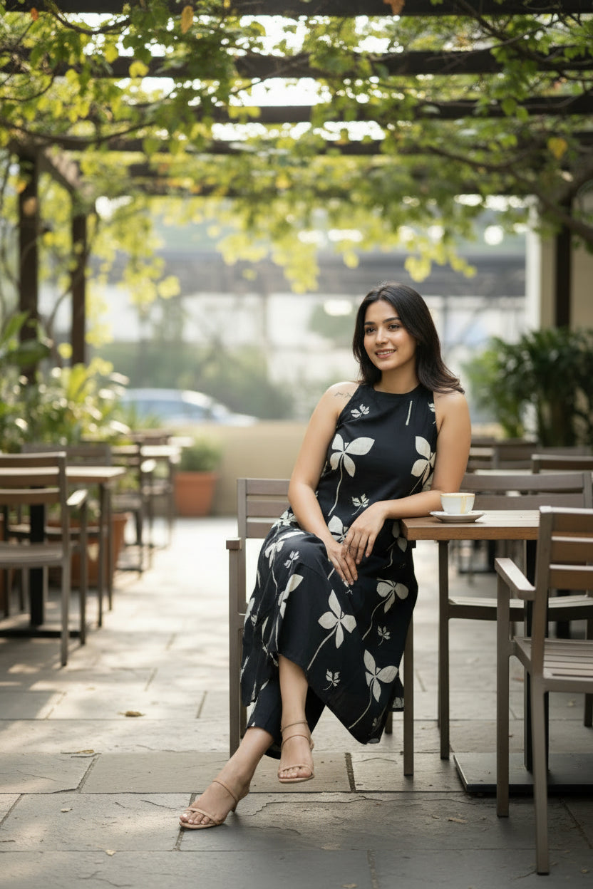 Black Floral Printed Sleeveless Kurta Set with Palazzo Pants