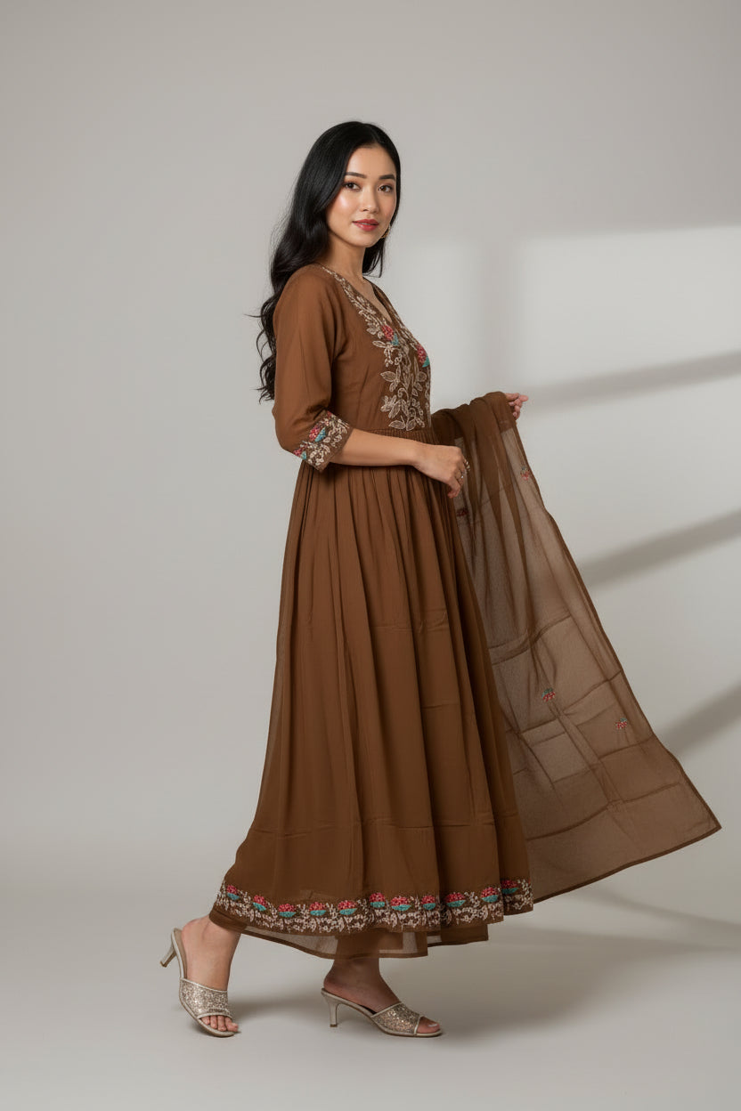 Women’s Brown Embroidered Anarkali Kurta Set with Dupatta