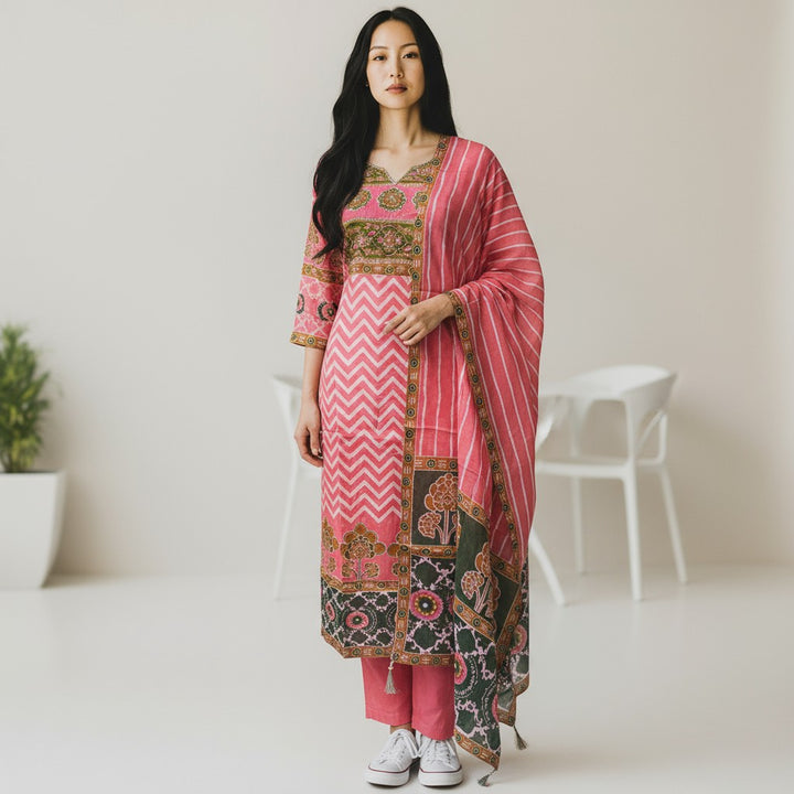 Rose Pink Printed Silk Kurta Set with Contrast Dupatta