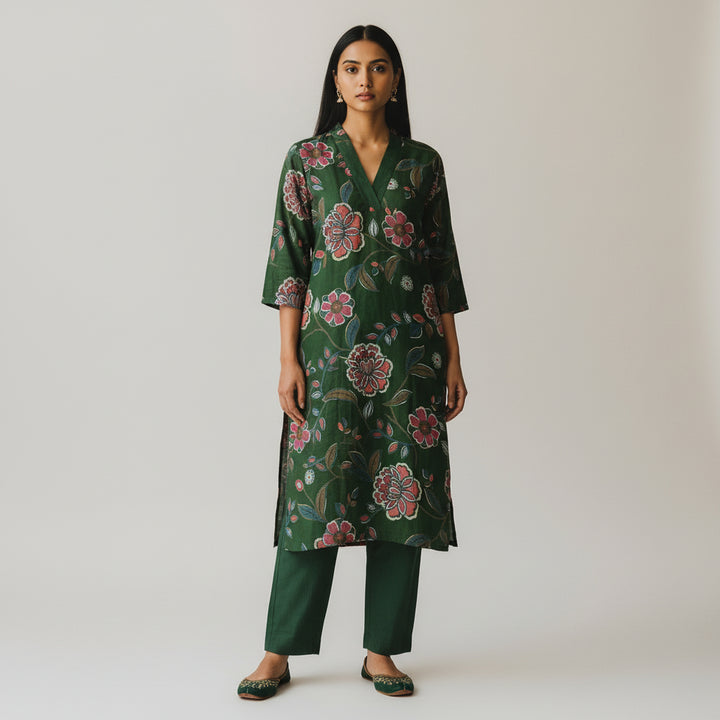Emerald Floral Printed Kurta Set with Straight Pants