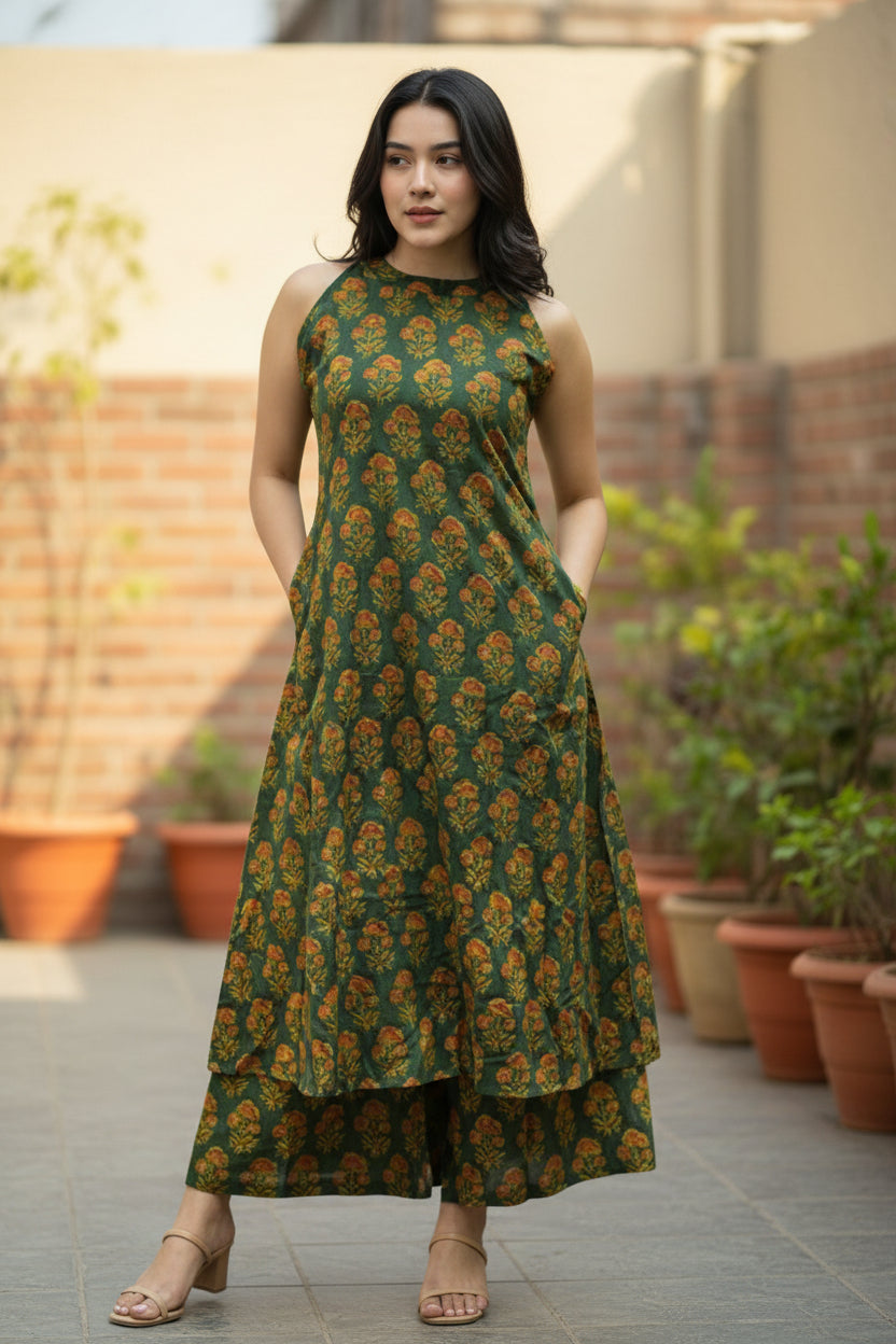 Green Floral Printed Sleeveless A-Line Kurta Set with Palazzo Pants