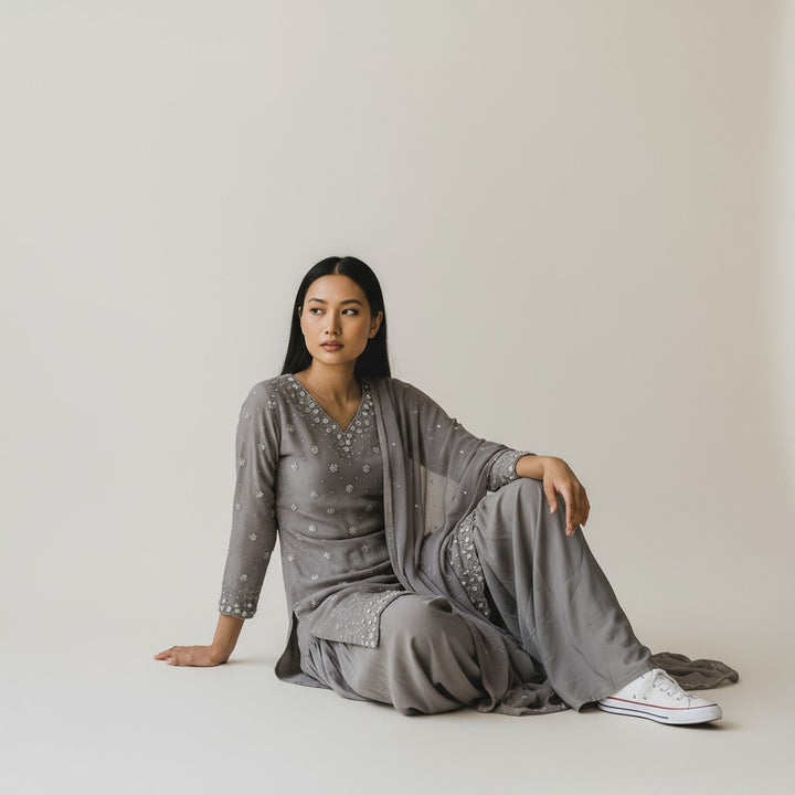 Gray Satin Silk Handwork Embroidery Palazo 3-Piece Kurta Set