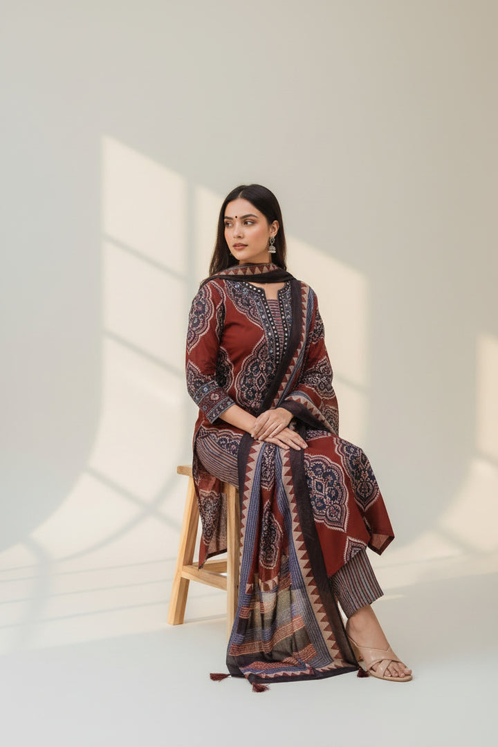 Maroon &amp; Navy Ethnic Print Straight Kurta Set with Dupatta