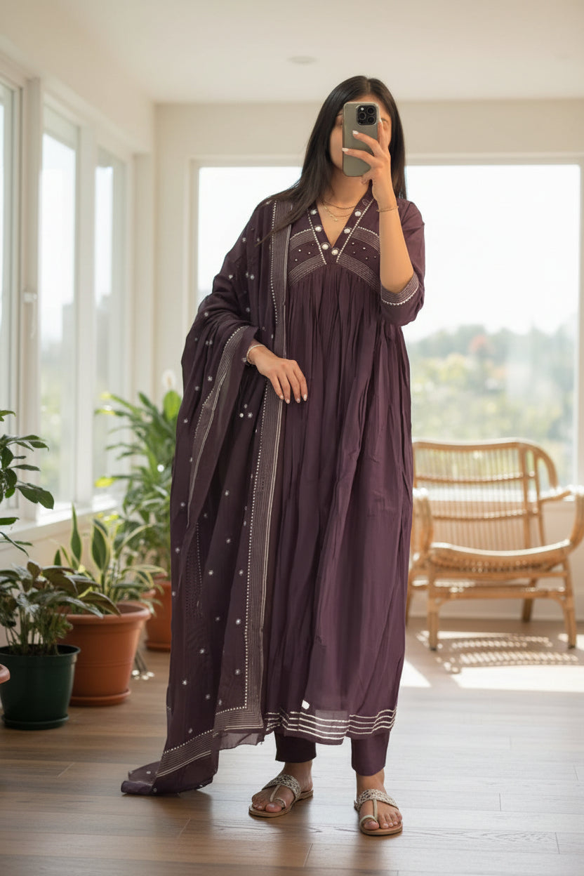 Women’s Solid Embroidered Anarkali Kurta Set with Dupatta