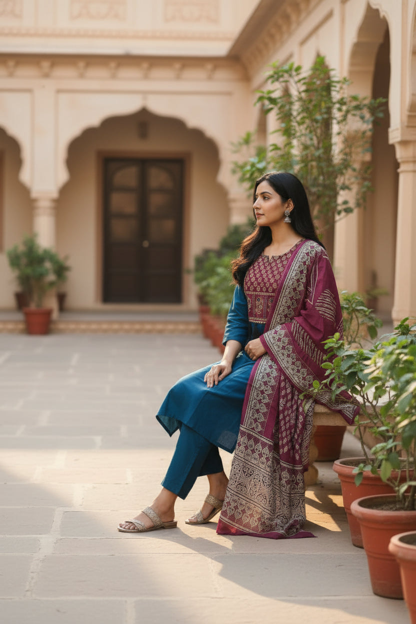 Teal Blue Straight Kurta Set with Printed Yoke, Solid Bottom &amp; Maroon Dupatta