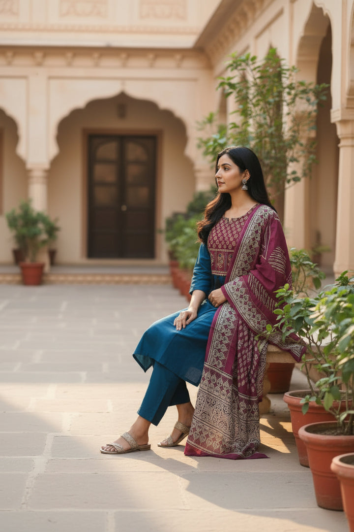 Teal Blue Straight Kurta Set with Printed Yoke, Solid Bottom &amp; Maroon Dupatta