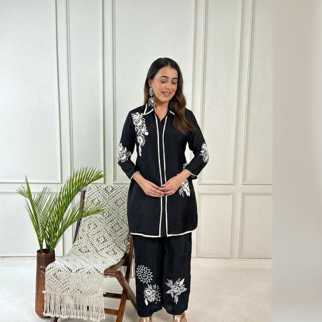 Black Embroidered Straight Kurti with Contrast Lace Detailing