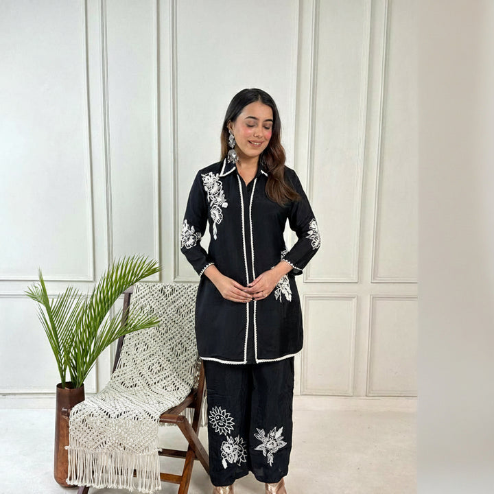 Black Embroidered Straight Kurti with Contrast Lace Detailing