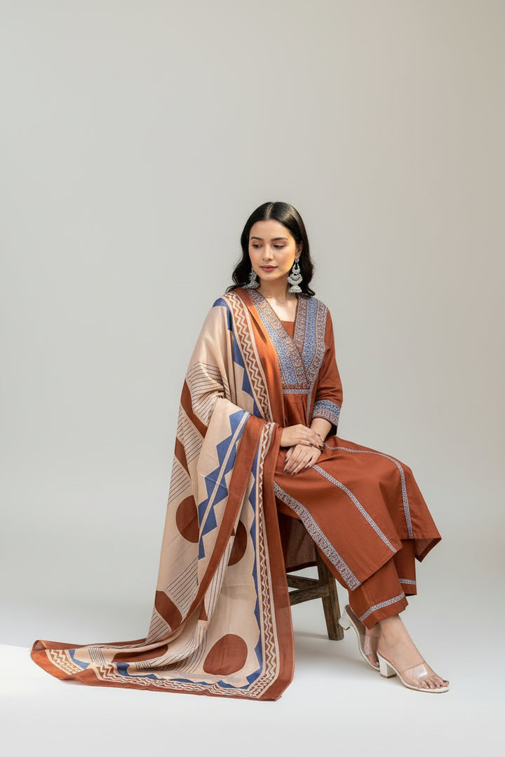 Rust Brown Printed Kurta Set with Contrast Dupatta