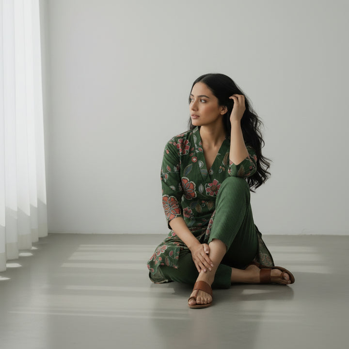 Emerald Floral Printed Kurta Set with Straight Pants