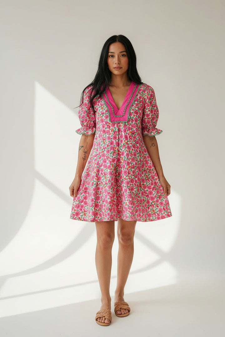 Pink Floral Print V Neck Patchwork Short Bubble Sleeve Mini Dress