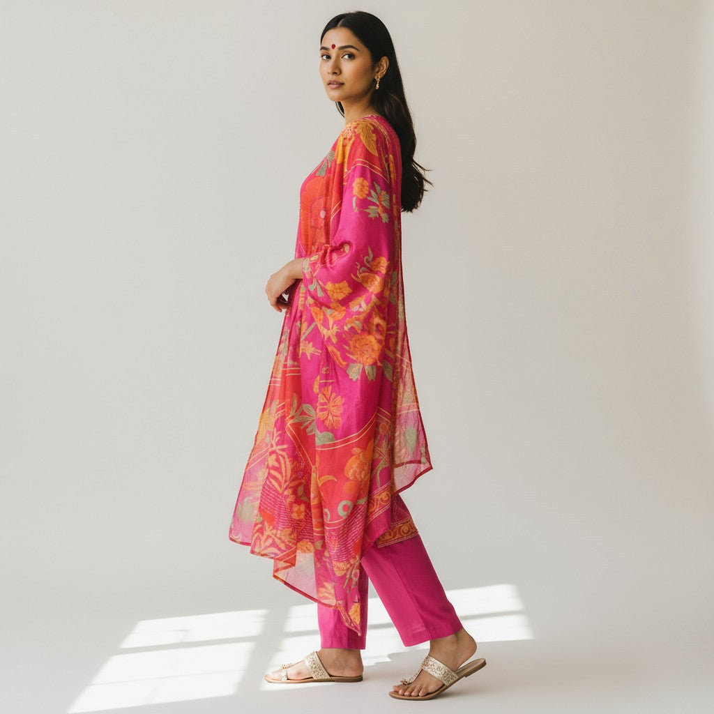 Pink Pure Natural Crepe Digital Print Handwork Stitch Kurta Set