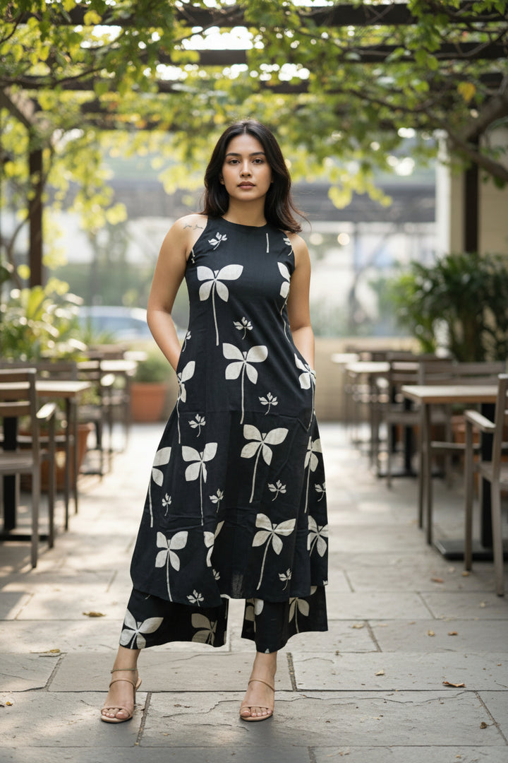 Black Floral Printed Sleeveless Kurta Set with Palazzo Pants