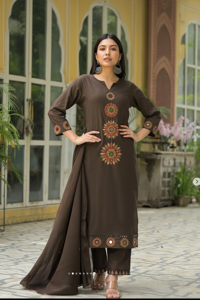 Embroidered Brown Kurta Set with Straight Pants &amp; Dupatta