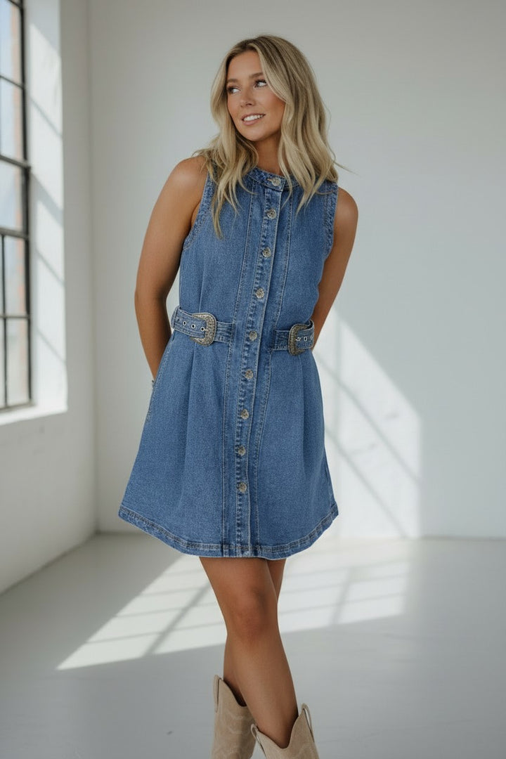 Myosotis Western Belt Button Down Sleeveless Denim Short Dress