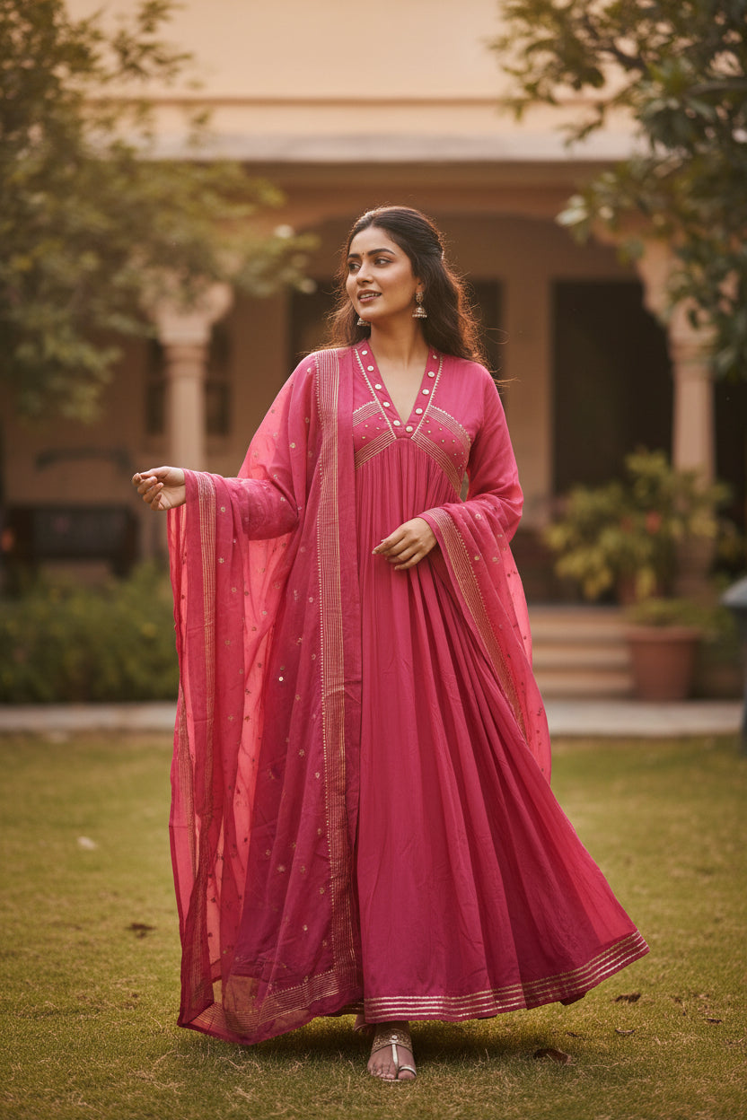 Women’s Solid Embroidered Anarkali Kurta Set with Dupatta