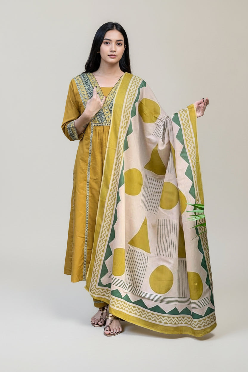Mustard Yellow Kurta Set with Printed Dupatta – Elegant Ethnic Wear for Women