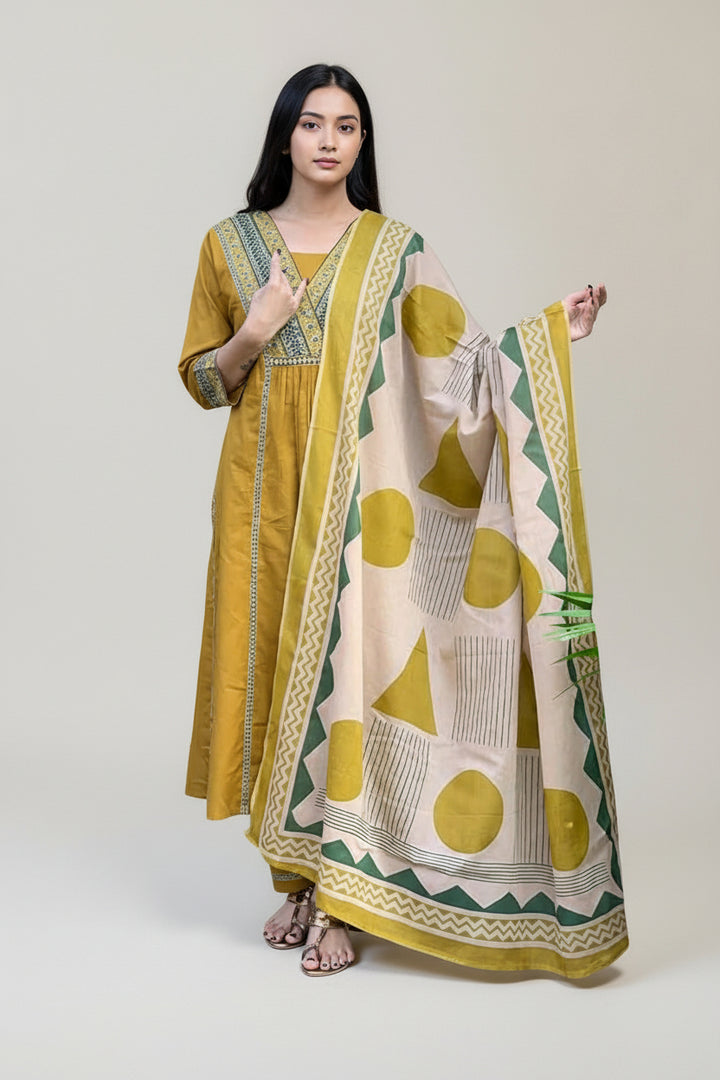 Mustard Yellow Kurta Set with Printed Dupatta – Elegant Ethnic Wear for Women