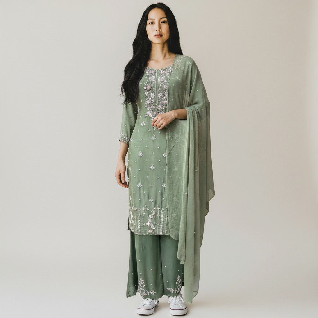 Green Satin Silk Embroidery Premium 3-Piece Kurta Set