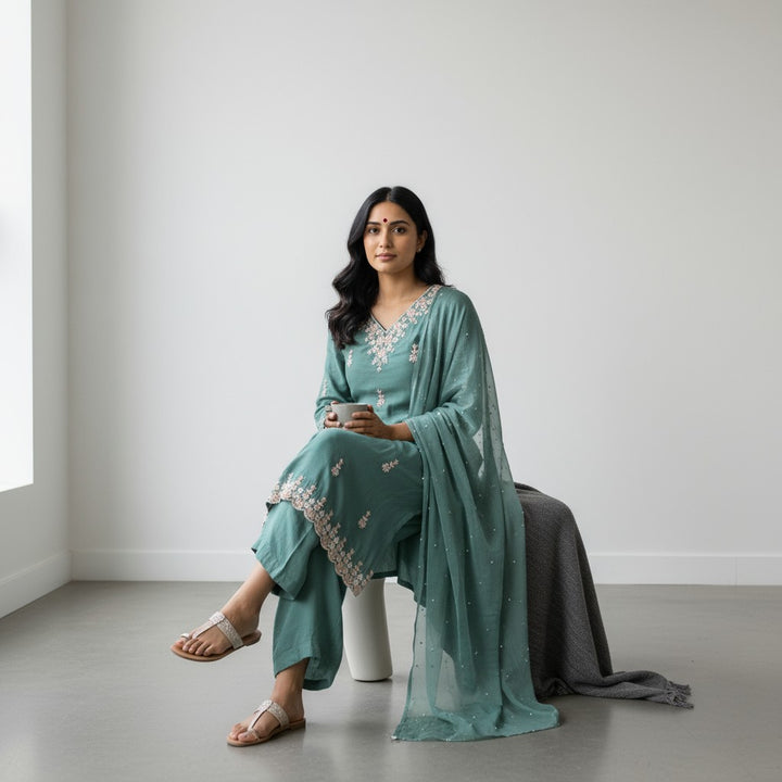 Sea Green Silk Embroidery 3 Piece Premium Kurta Set