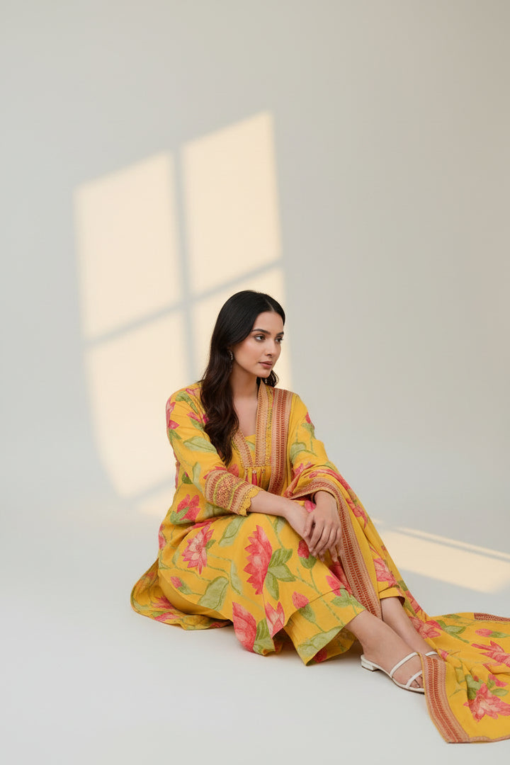 Floral Printed Kurta Set with Palazzo &amp; Dupatta