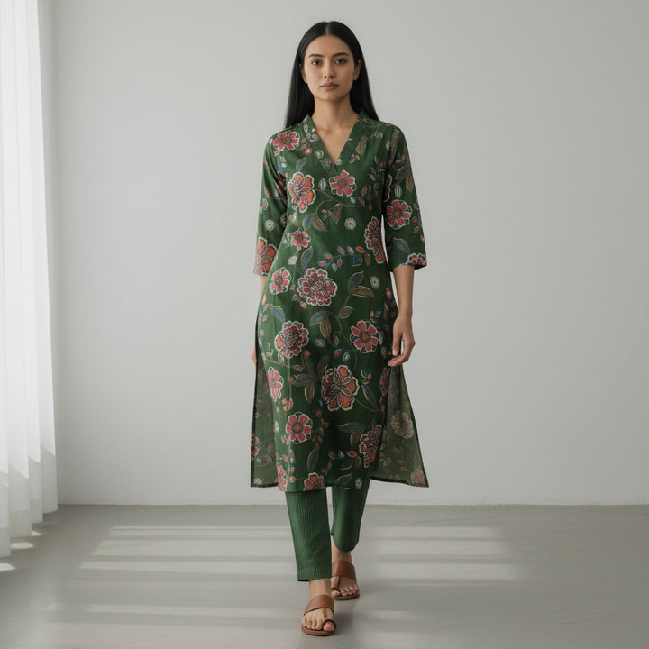 Emerald Floral Printed Kurta Set with Straight Pants