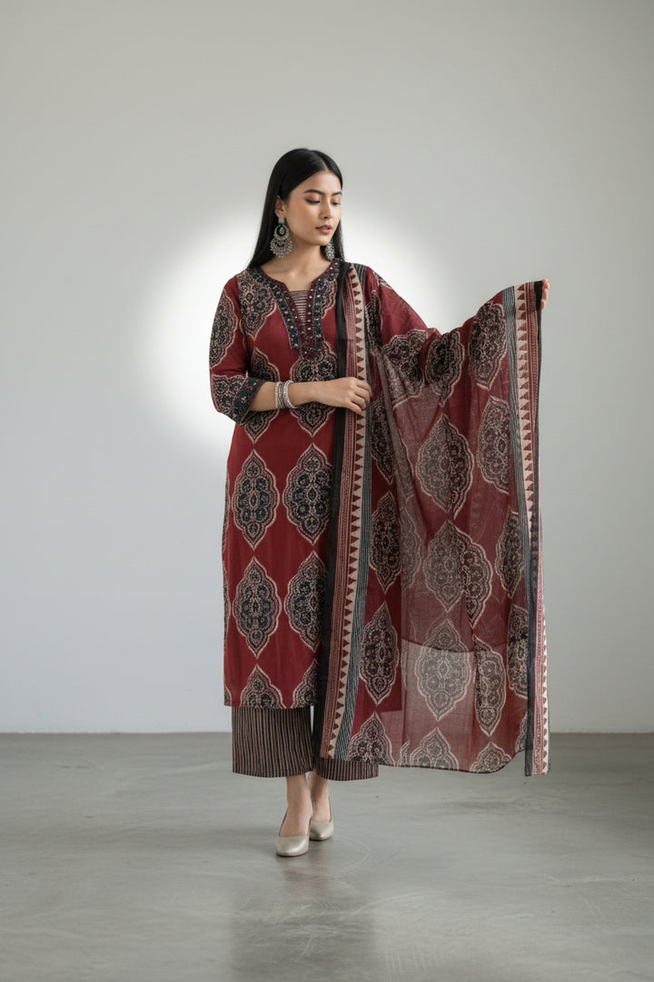 Maroon Ethnic Printed Kurta Set with Matching Dupatta