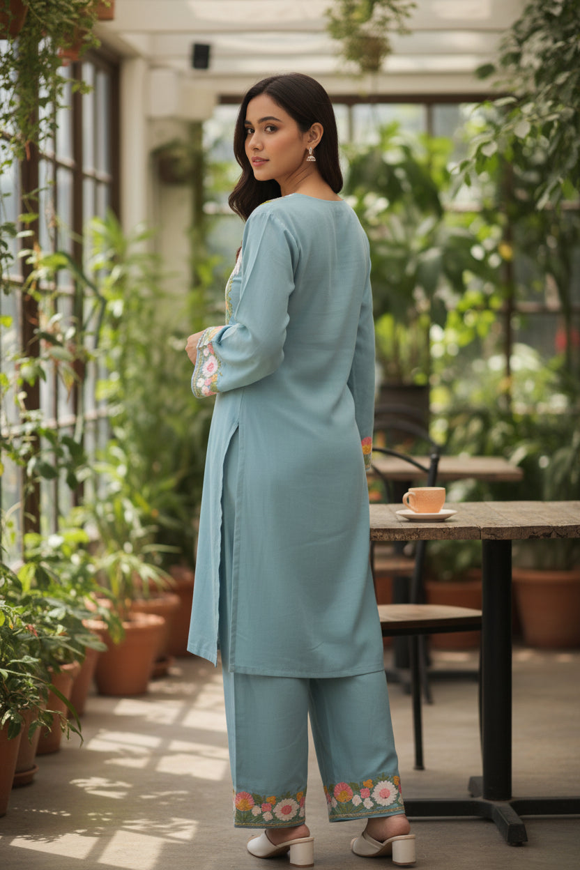 Blue Embroidered Straight Kurta Set with Palazzo Pants
