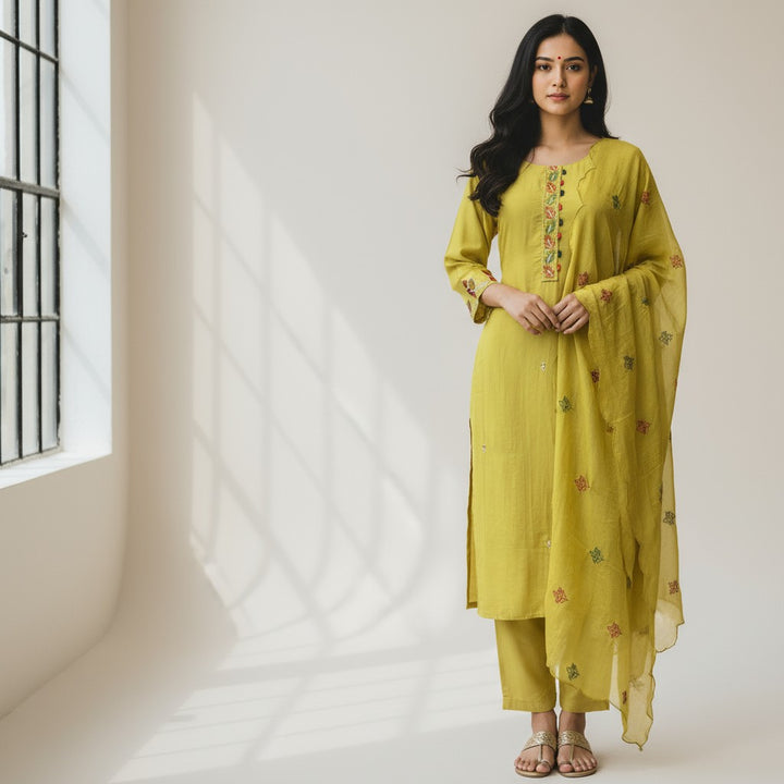 Yellow Chiffon Embroidery 3 Piece Kurta Set