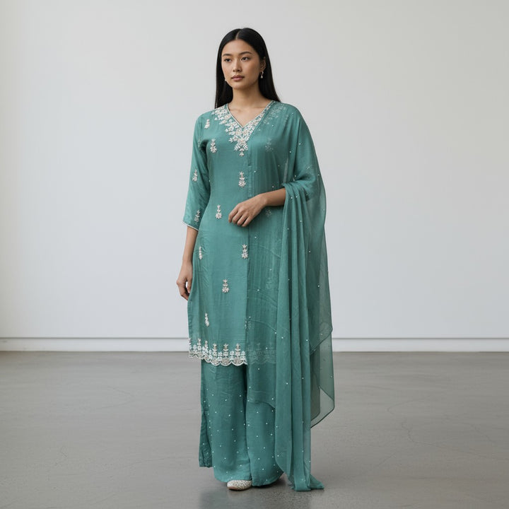 Sea Green Silk Embroidery 3 Piece Premium Kurta Set
