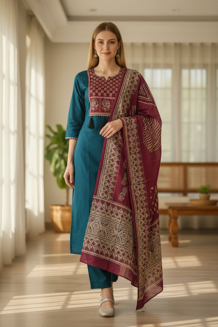 Teal Blue Straight Kurta Set with Printed Yoke, Solid Bottom &amp; Maroon Dupatta