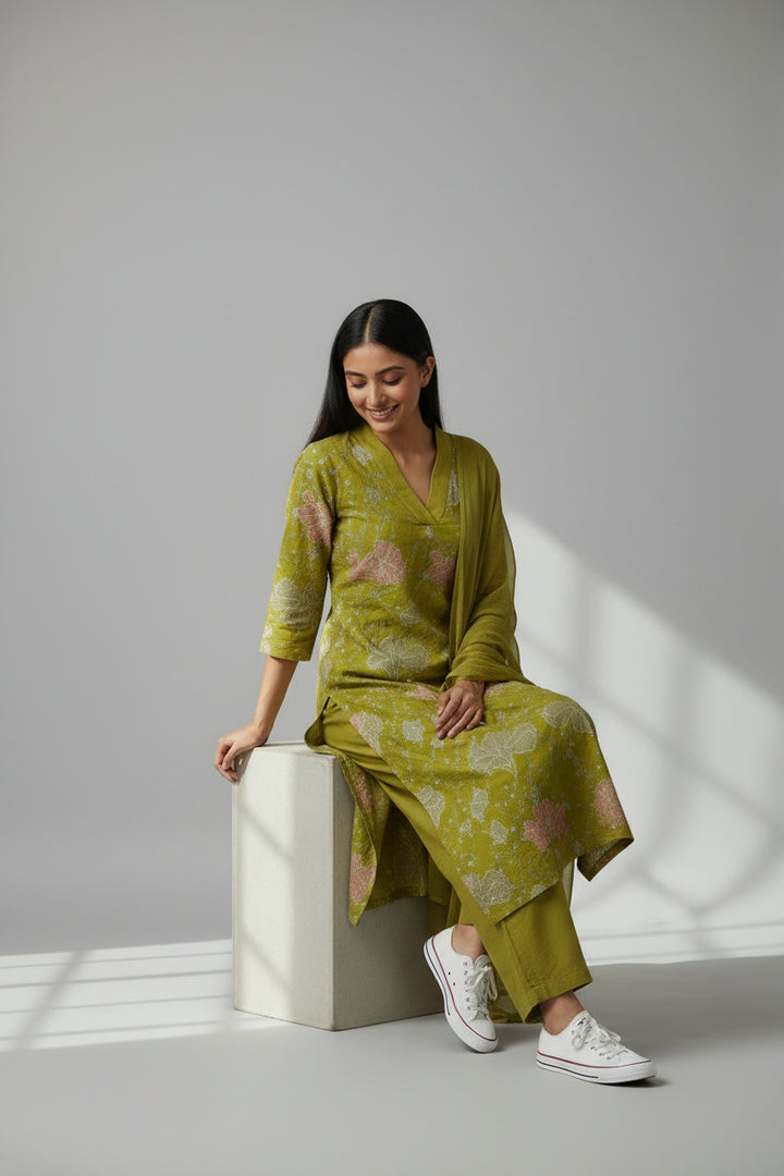 Olive Green Floral Printed Kurta Set with Dupatta &amp; Pants
